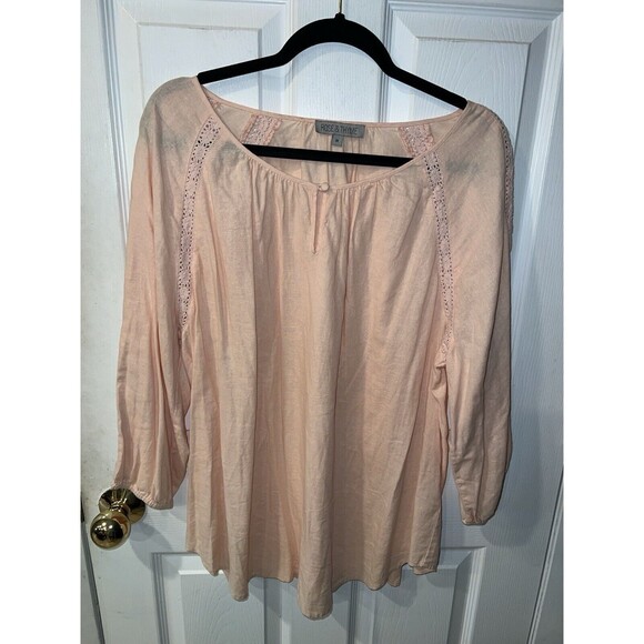 Rose & Thyme Blouse Womens Plus 1X Linen Blend Tunic Crochet Inlay Romantic Boho - Picture 7 of 7